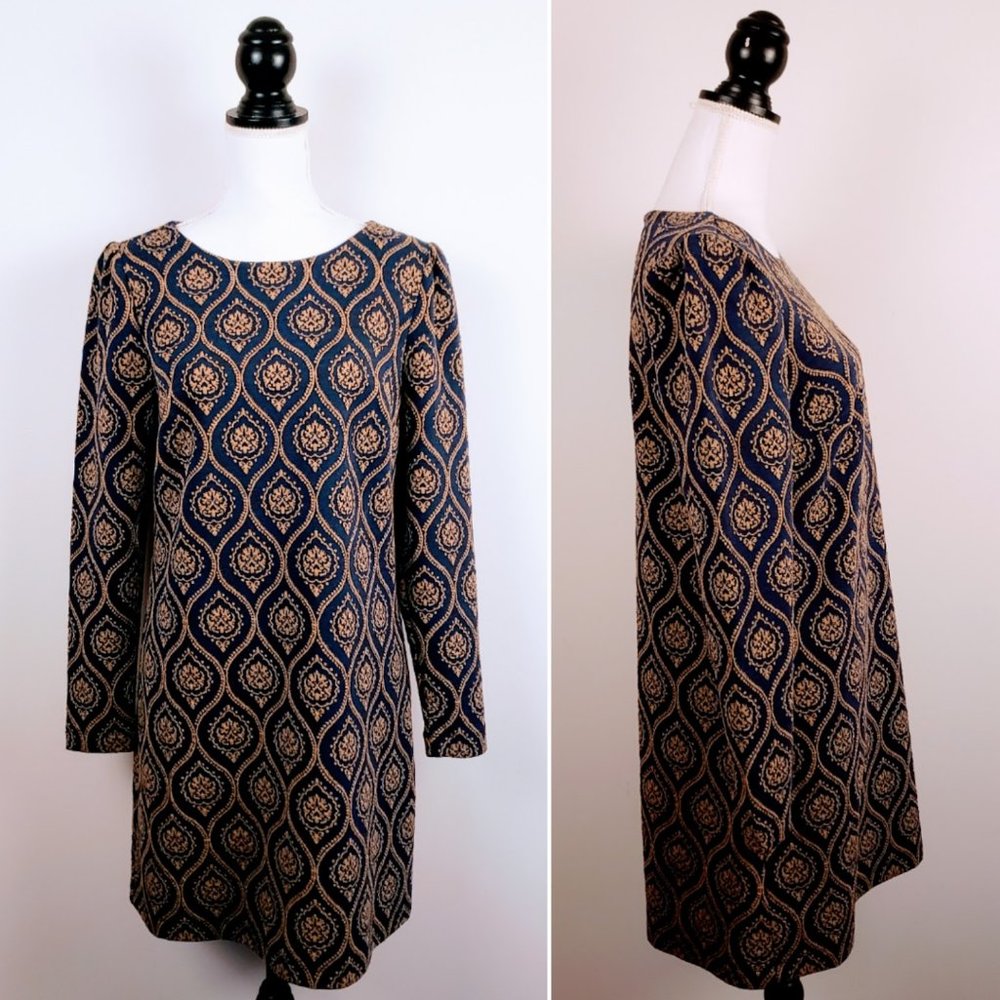 Ann Taylor Navy and Gold Patterned Long Sleeve Sheath Dress